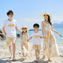 亲子装夏季一家三四口全家装海边度假母女波西米亚沙滩吊带连衣裙