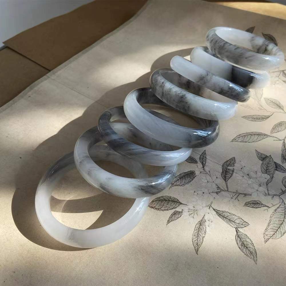 新疆戈壁金丝玉青花手镯女士水墨丹青花中宽女士手镯古风玉镯手镯