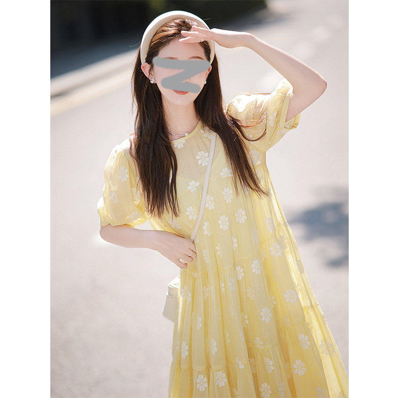 Daxi Self-Made | Dopamine Series | Casual Floral Dress 2023 Summer Faux Tencel Yellow Dress