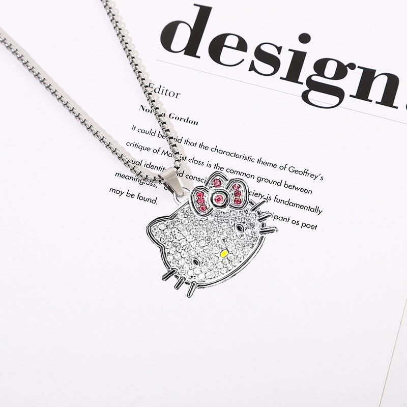 Cross-Border New Arrival Cat Pendant Necklace with Diamond Fashion Cute Style Long Necklace Autumn and Winter Sweater Chain Wholesale