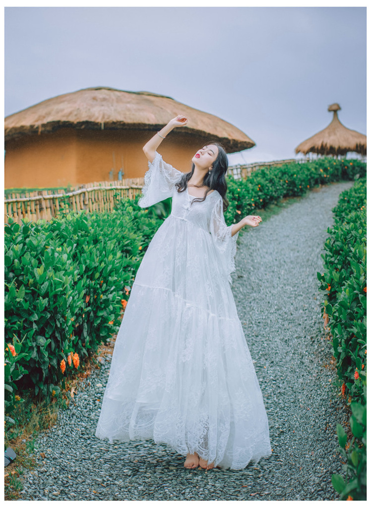 绣花蕾丝连衣裙女夏白色裙子大摆仙女海边度假沙滩裙气质长裙