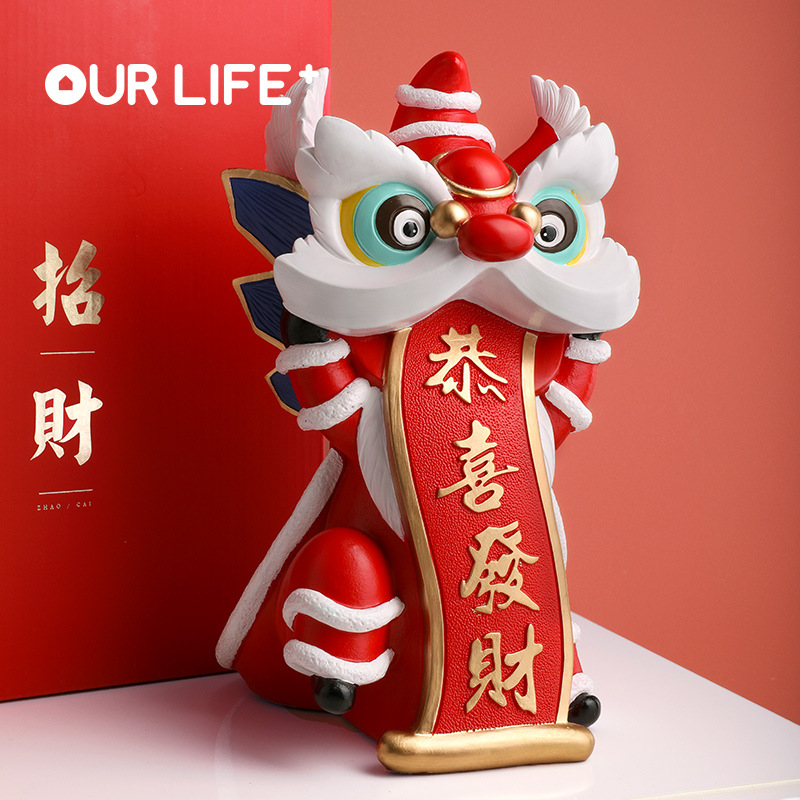 国潮风招财猫前台舞狮醒狮摆件发财送朋友搬家店铺公司开业贺礼