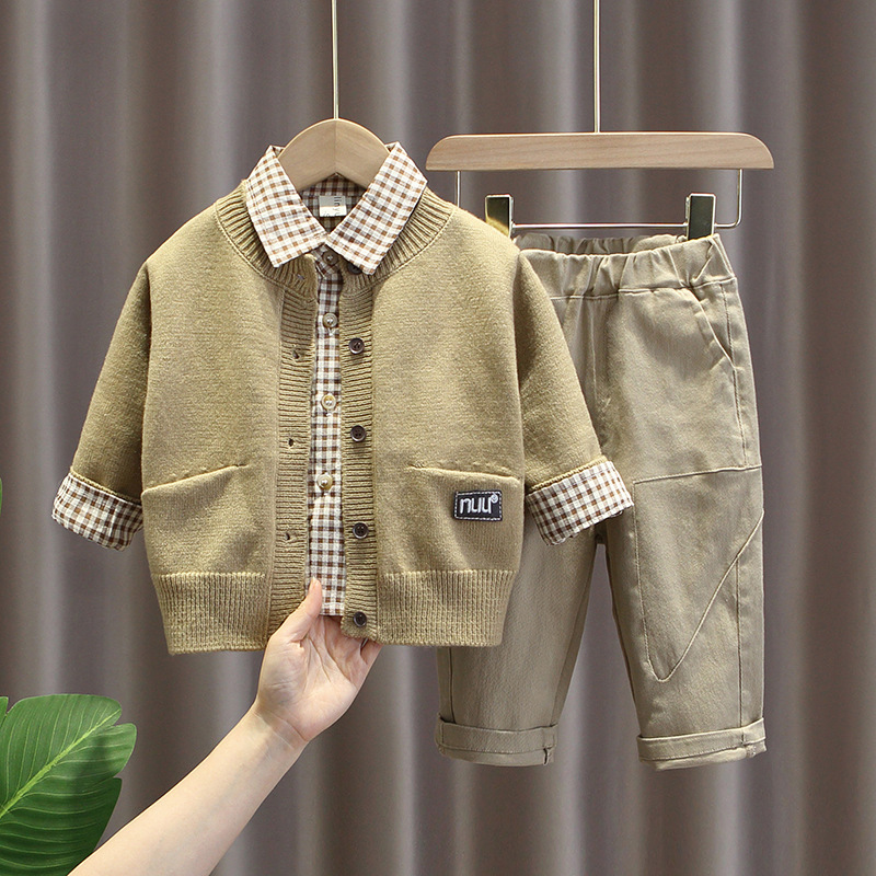 2789 Boys' Spring Clothes Children's Handsome Sweater Set 2023 New Infant Baby Knitted Cardigan Three-Piece Set Baby Clothes