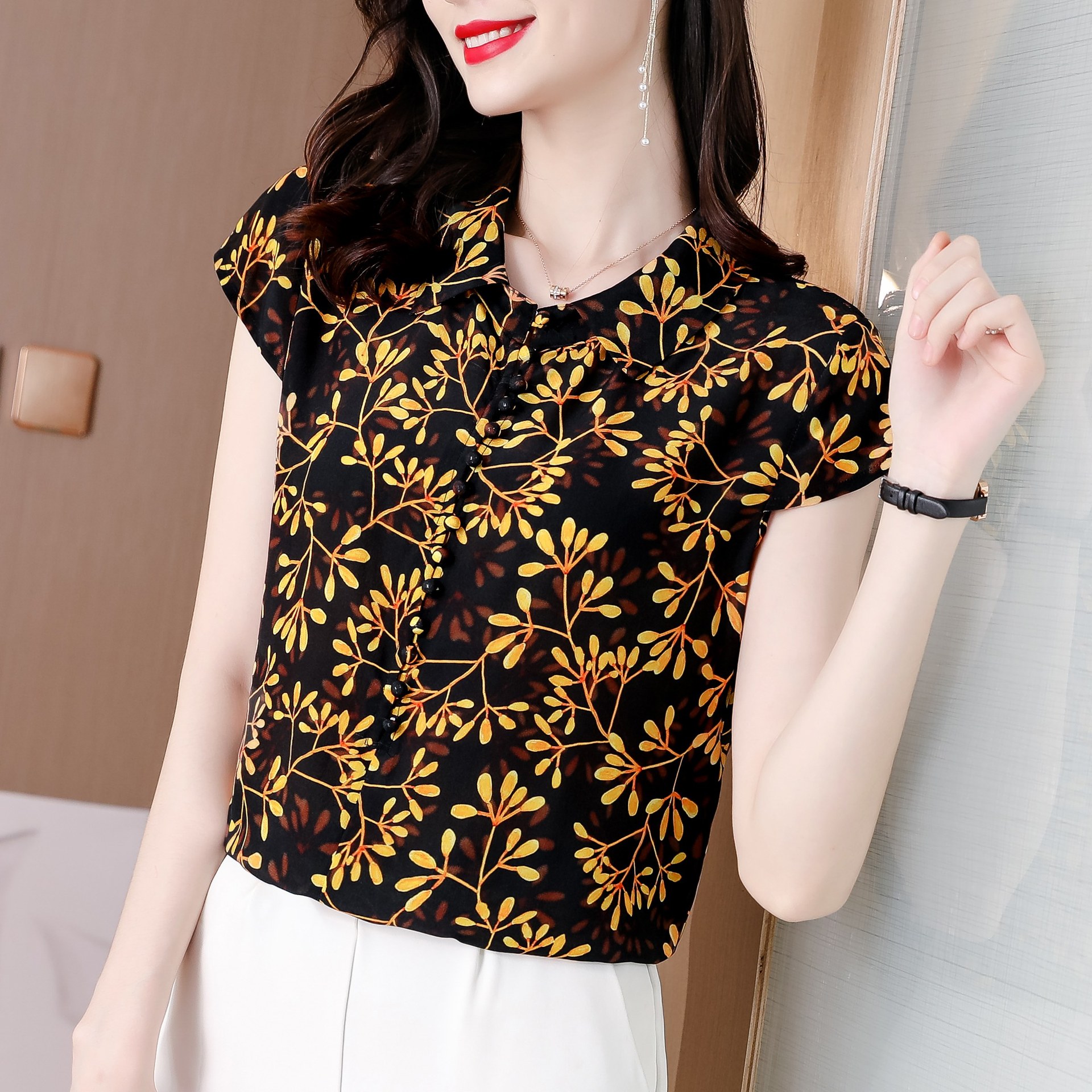 醋酸缎面衬衫女2021夏季气质百搭通勤ol短袖上衣t恤重磅真丝小衫