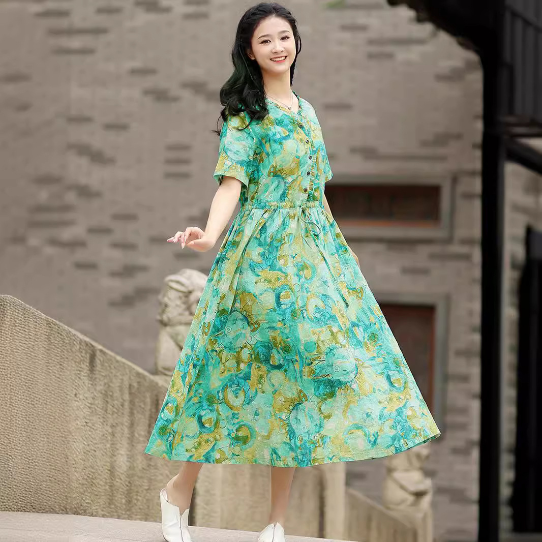 棉麻连衣裙女式2024夏新款民族风甜美荷叶边系带收腰长款连衣裙