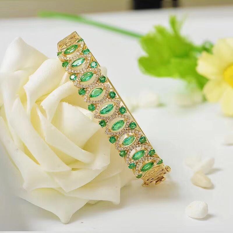 抖音直播奢华新款彩宝首饰 镀18k黄金镶仿天然祖母绿手镯宝石手环