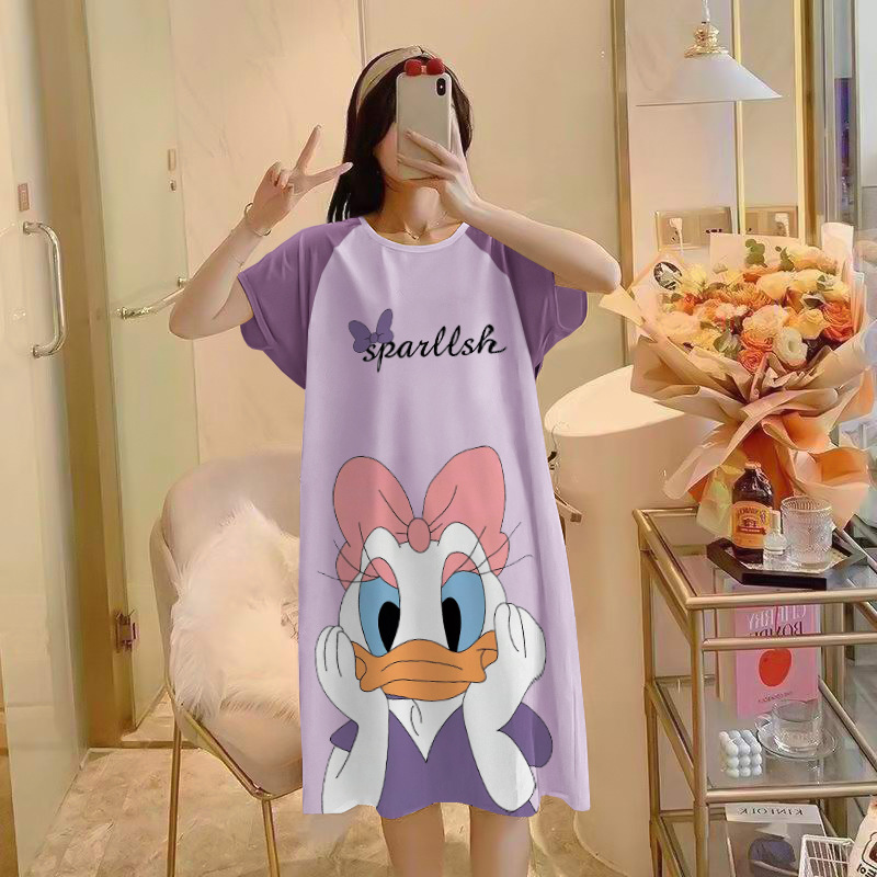 INS Cultural Dress Short Sleeve Summer Pajamas Thin Large Size Cartoon Live Home Wear Mid-Length Dress Nightdress