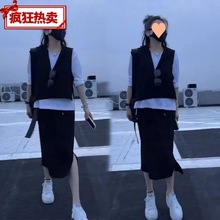 2023春秋新款连帽休闲遮肚套装女时尚气质减龄宽松显瘦马甲三件套