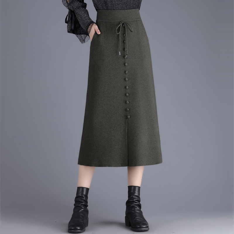 毛线针织半身裙女秋冬季2023新款高腰包臀裙中长款直筒开叉一步裙