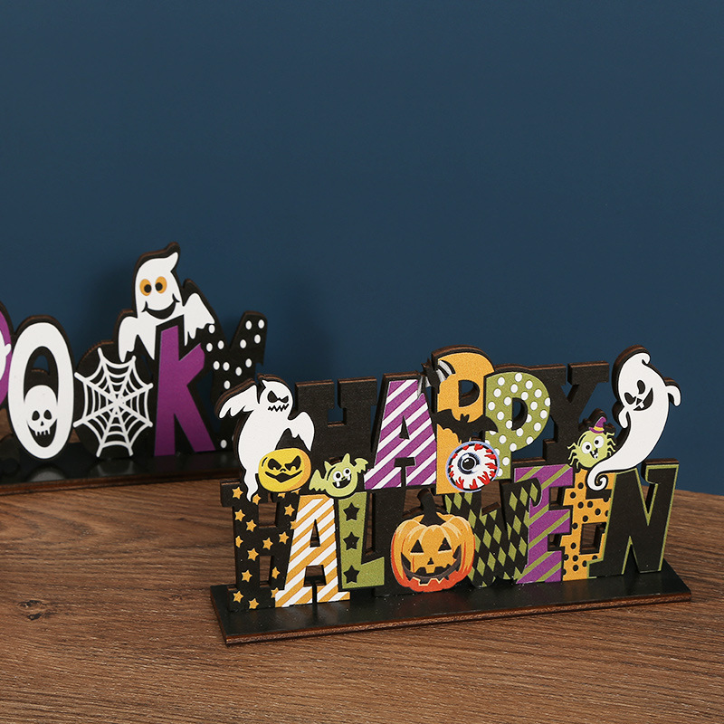 Halloween Decorations Wooden Craft Supplies Props with Base Wooden Letters Pumpkin Desktop Decorations