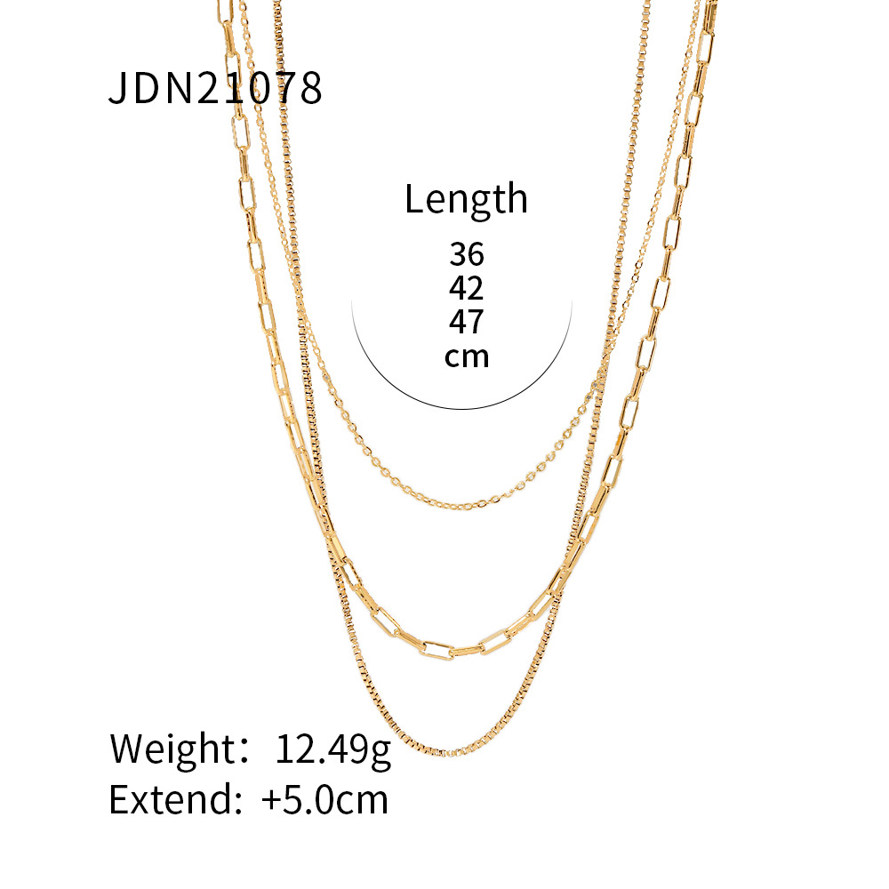 European and American Ins Retro Style 18K Gold Plated Paper Clip Box Chain Stainless Steel Bracelet Titanium Steel Necklace Ring Three-Layer Necklace Ornament