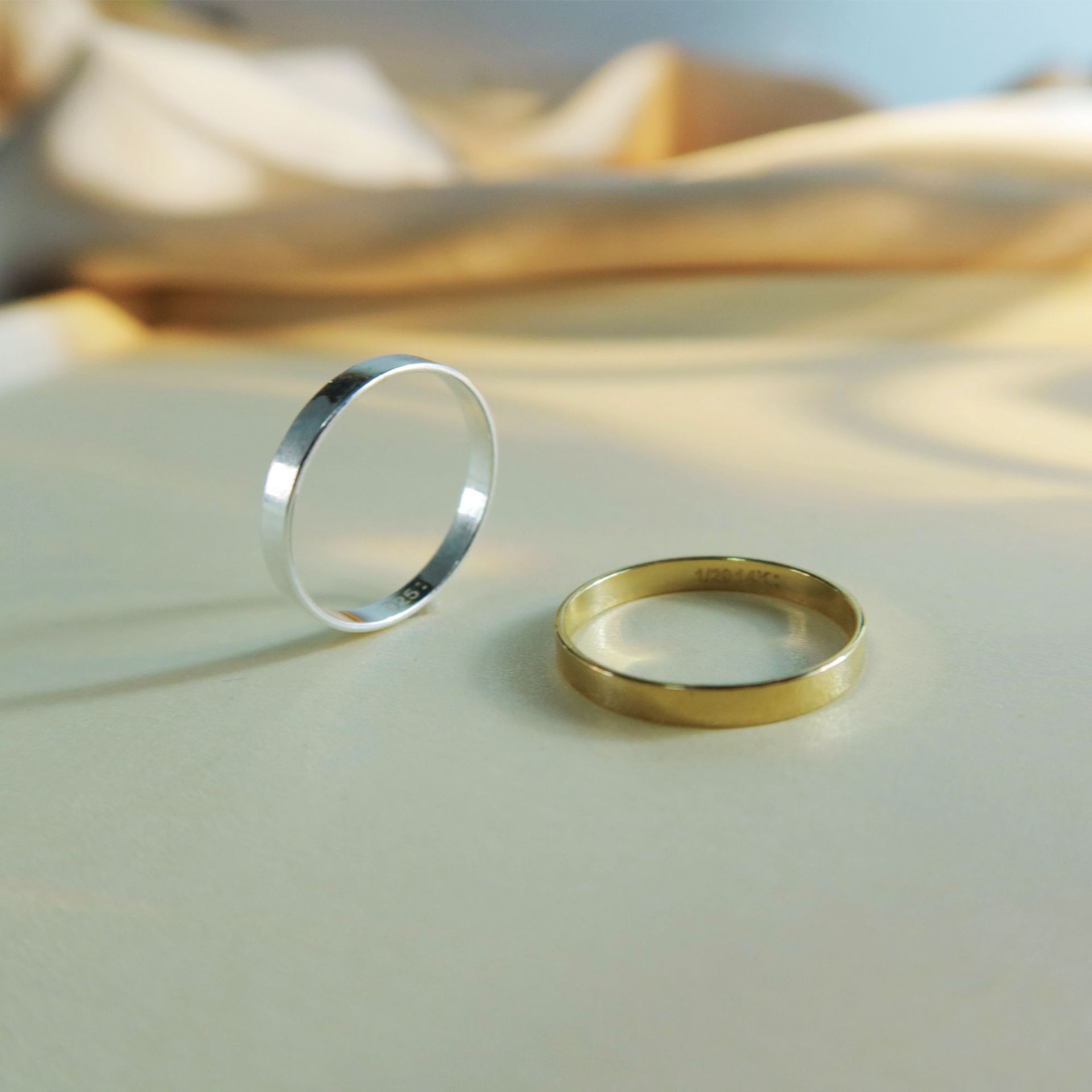 洗手不用摘 美国14k包金925银宽版光圈戒指素圈叠带指环情侣对戒