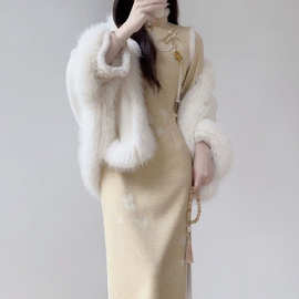 黄色加绒加厚冬季中式长袖旗袍改良新款少女年轻连衣裙有吊牌百搭