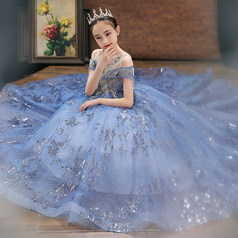 女童高端礼服走秀儿童公主裙拖尾花童蓬蓬纱洋气主持人钢琴演出服
