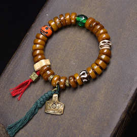 藏传回流骆驼骨盘珠手串单圈牦牛骨料器琉璃玛瑙天珠配饰文玩手链