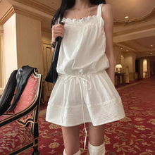 韩国chic夏季法式减龄花边方领抽褶系带收腰显瘦吊带背心连衣裙女