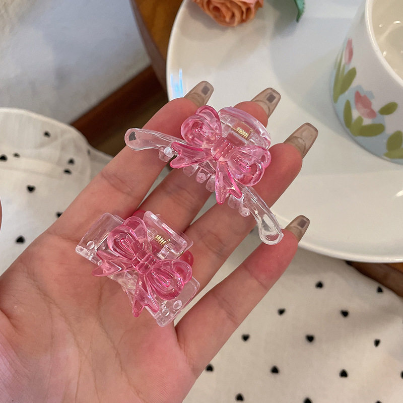 Girl Pink Bowknot Hair Clip Jaw Clip Super Fairy Transparent Bang Clip Hair Claw Small Size Internet Celebrity Sweet Hair Accessories