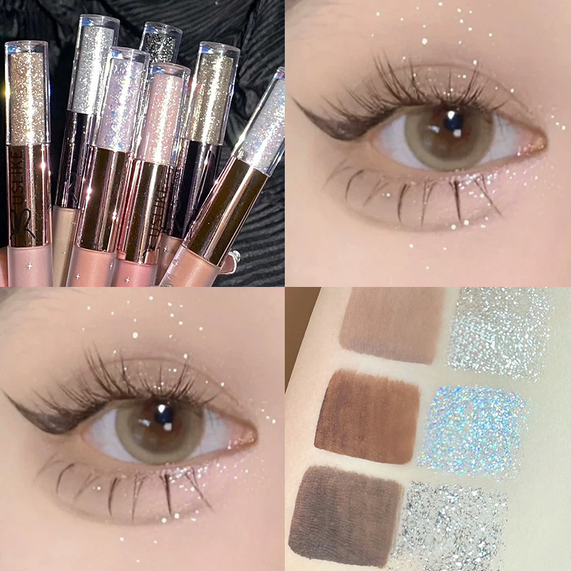 Two-Color Liquid Liquid Eye Shadow Shiny Crystal Glitter Eye Shadow Pen Brightening Skin Color Student Liquid Eye Shadow Highlight Repair Lasting