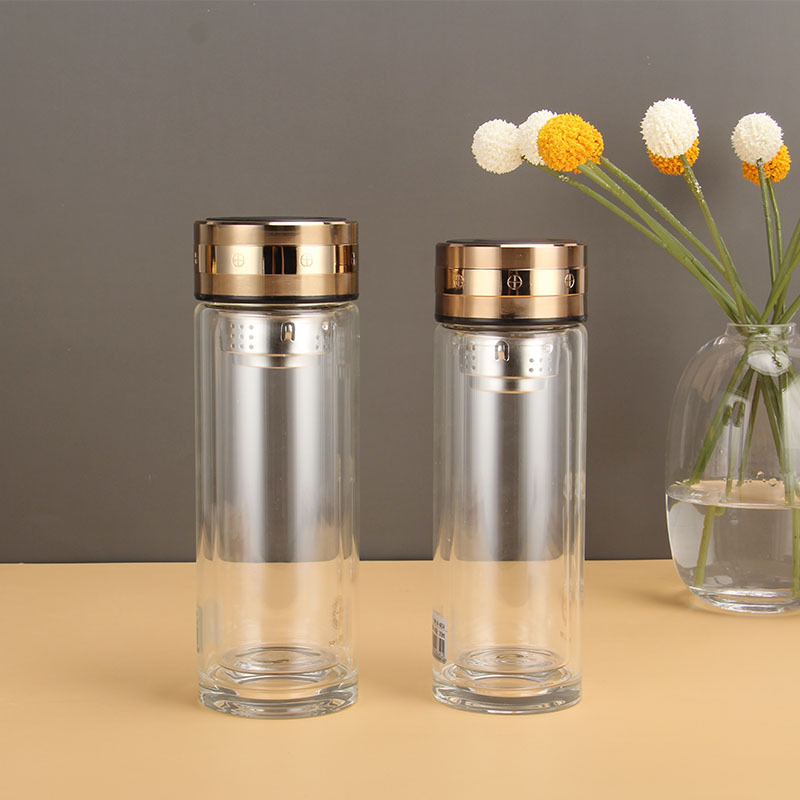 463高档logo批发加厚耐高温泡茶杯纪念礼品高硼硅双层水晶玻璃杯