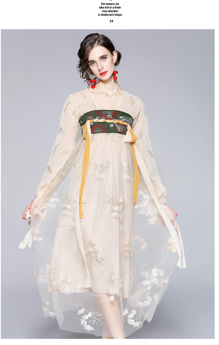 女装汉服一件代发 复古方领绑带灯笼袖纱网长款连衣裙 秋季上新