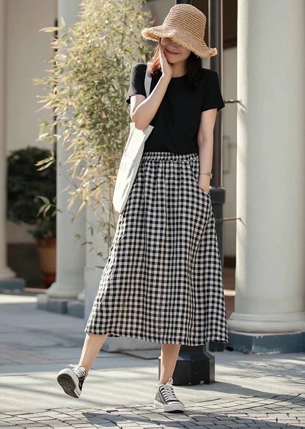 格子裙2021春秋新款松紧高腰口袋半身裙中长款a字裙显瘦长裙