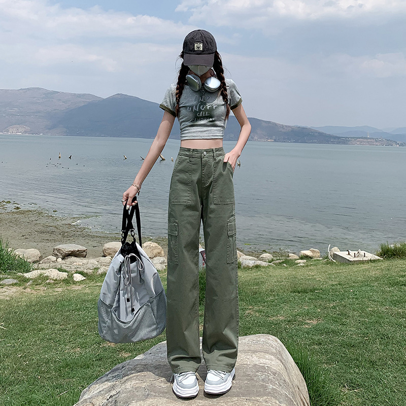 American Straight Cargo Pants Female 2024 Spring New High Waist Loose and Slimming Narrow Version Wide-Leg Casual Pants Women Clothes