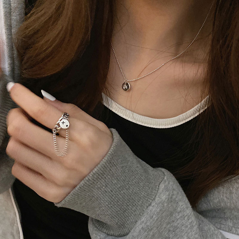 韩国925纯银复古五角星链条叠戴戒指食指戒开口女ins嘻哈学生百搭