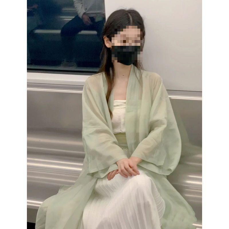 Improved Hanfu Women's Green Light Summer Thin Tang Cheoko Skirt Fairy Flowing Ancient Style Han Elements Chest-High Dress