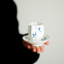 昌朴居纯手绘蝴蝶兰花茶杯家用陶瓷品茗杯带杯托杯垫主人杯喝茶杯