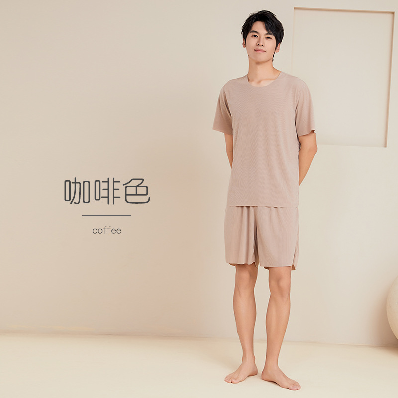 Men's Ice Silk Pajamas Home Wear Suit Couple Thin round Neck Short Sleeve plus Size Casual Women's Seamless Solid Color Wholesale