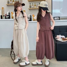 女童套装2024新款儿童韩版时髦洋气夏季无袖中大童灯笼裤两件套