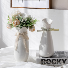 创意北欧蕾丝白色陶瓷干花花瓶摆件简约家居客厅水养插花装饰花斅