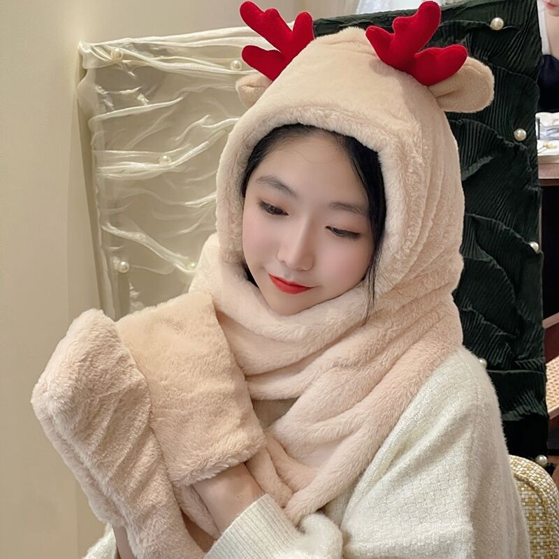 低价促销秋冬网红同款拼色熊耳朵帽子一体式围巾毛绒帽子围巾手套