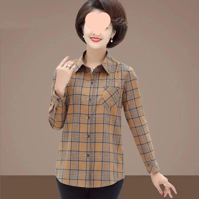 2025新款春秋棉格子衬衫长袖上衣衬衣格子大码中老年女装妈妈秋装