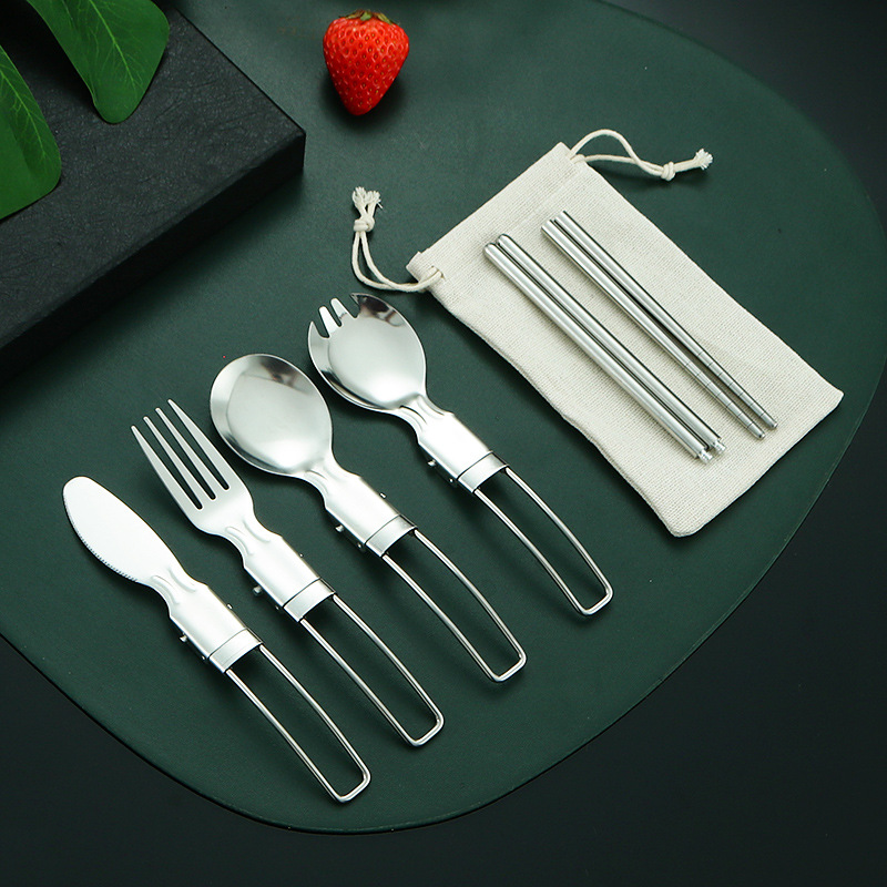 304不锈钢折叠餐具刀叉勺筷子套装 户外野餐露营便携餐具可折叠勺