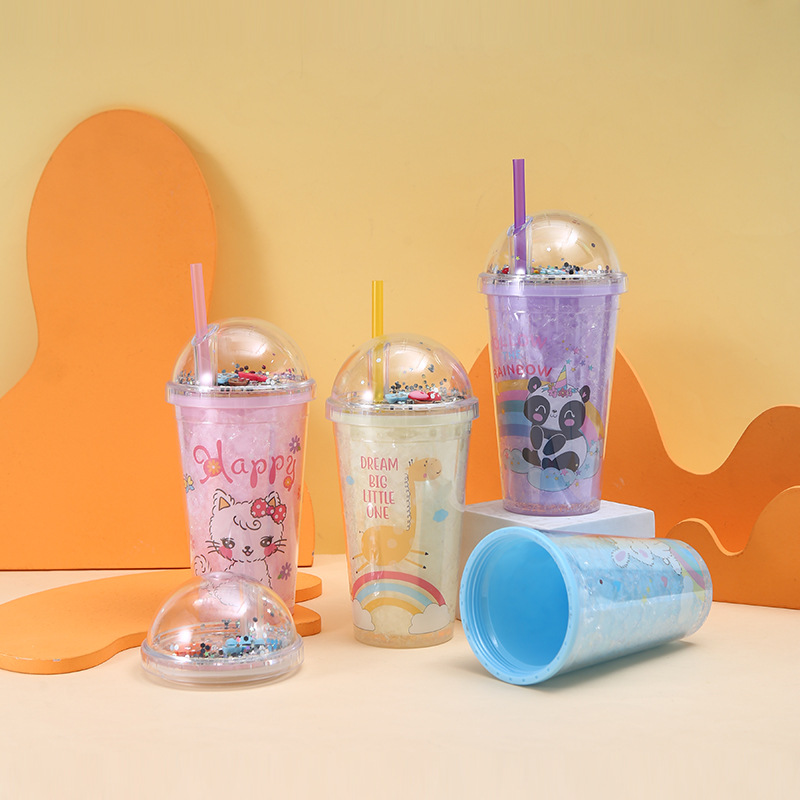 Summer Creative Cartoon Pattern Crushed Ice Cup Cute Design Cup with Straw Portable Double Layer Plastic Drink Cup Wholesale