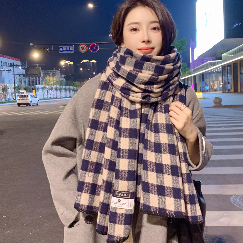 Art Retro Plaid Scarf Cashmere-like Korean Style Couple Plaid Knitted Warm Shawl Winter Male Thickened Student