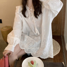 夏季白色镂空刺绣蕾丝衫女2024新款娃娃领设计感长袖防晒上衣女