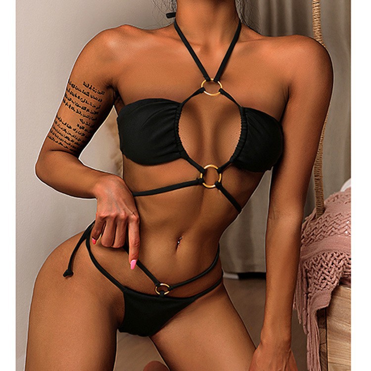 Cross-Border New Arrival Solid Color Foreign Trade New Sexy Black Ring Sexy Backless Bikini Split Bandage Swimsuit