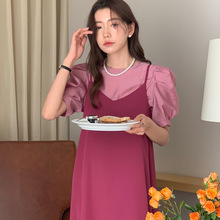 韩国chic夏季法式甜美圆领纯色泡泡袖衬衫+V领宽松休闲吊带连衣裙