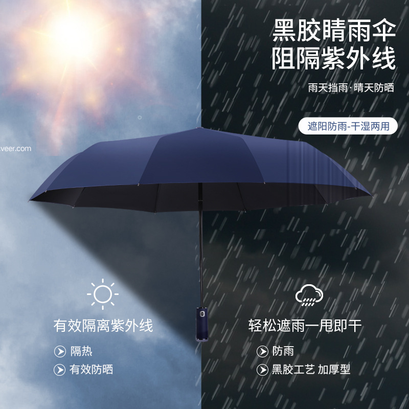 10 Bone Automatic Three-Folding Umbrella Rotatable LED Flashlight Umbrella Business Wind-Resistant Folding Umbrella Sunny Umbrella Gift