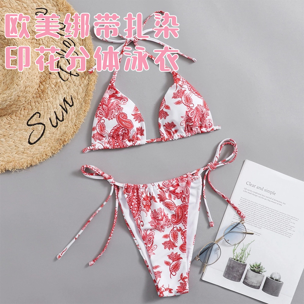 性感比基尼分体泳衣女款系绳两点式三角bikin泳装i欧美跨境泳衣