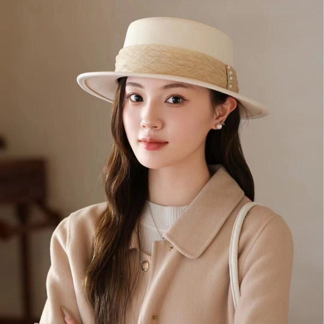 设计师法式绸缎气质礼帽褶皱织带羊毛盆帽女秋冬百搭度假逛街帽子