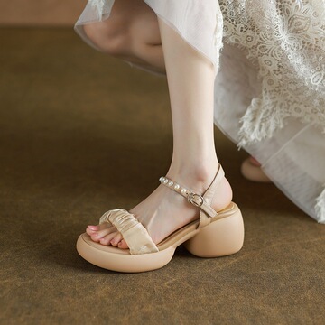 高档成都手工女鞋~巨柔软~真皮圆头网纱厚底露趾潮流舒适凉鞋女