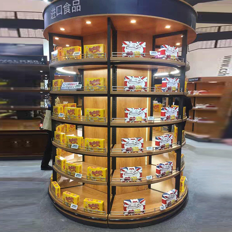 食品店包柱双面货架 超市大型木质旋转式展示架 商场钢木结合货柜