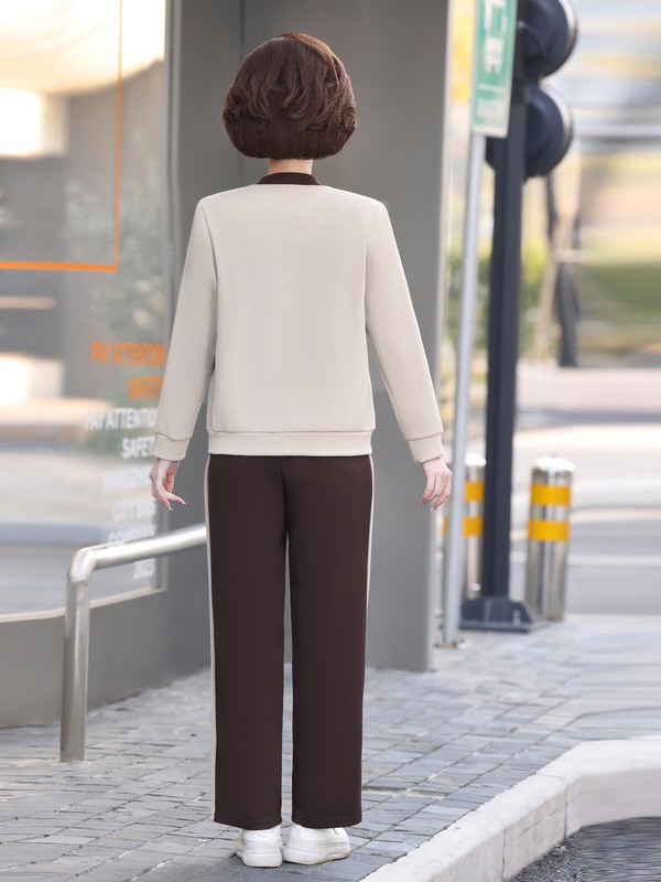 Suit for Middle-Aged Moms Spring and Autumn New Fashionable Stylish Loose Casual Two-Piece Suit Middle-Aged and Elderly Long-Sleeved Top for Women