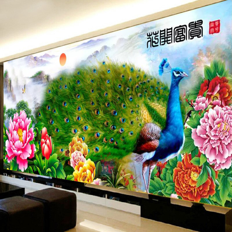 新版孔雀图十字绣花开富贵孔雀牡丹十字绣横幅客厅大画