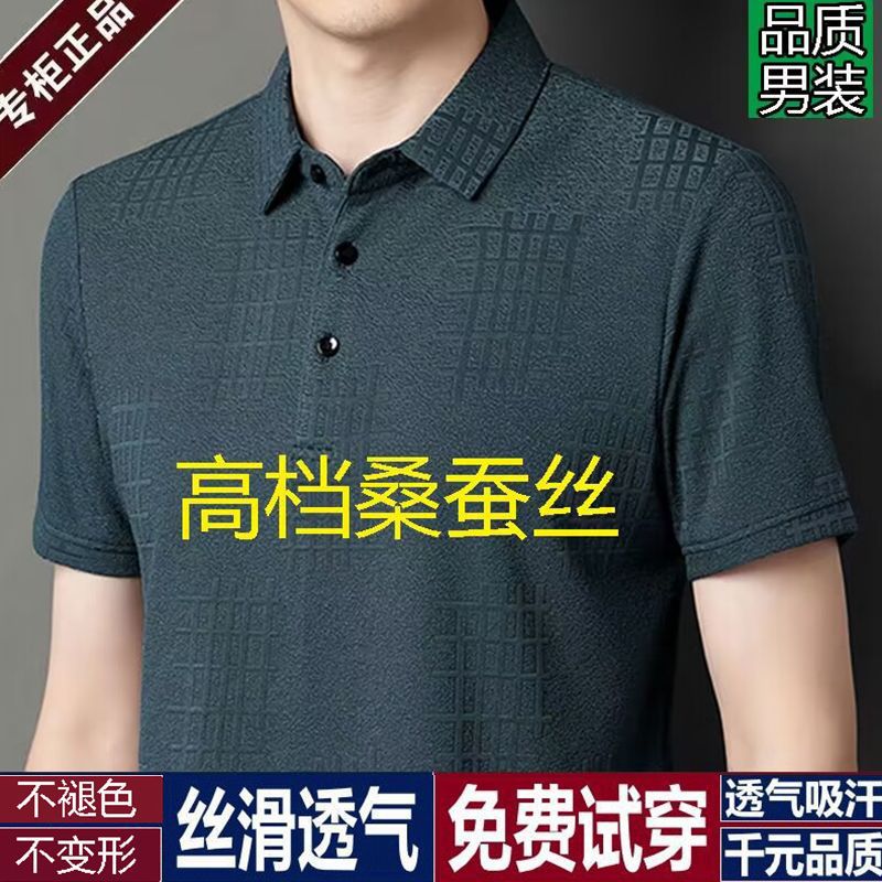 Mulberry Silk Short Sleeve T-shirt Men's Summer Loose Solid Color Polo Shirt Lapel Middle-Aged Business Men's Clothing