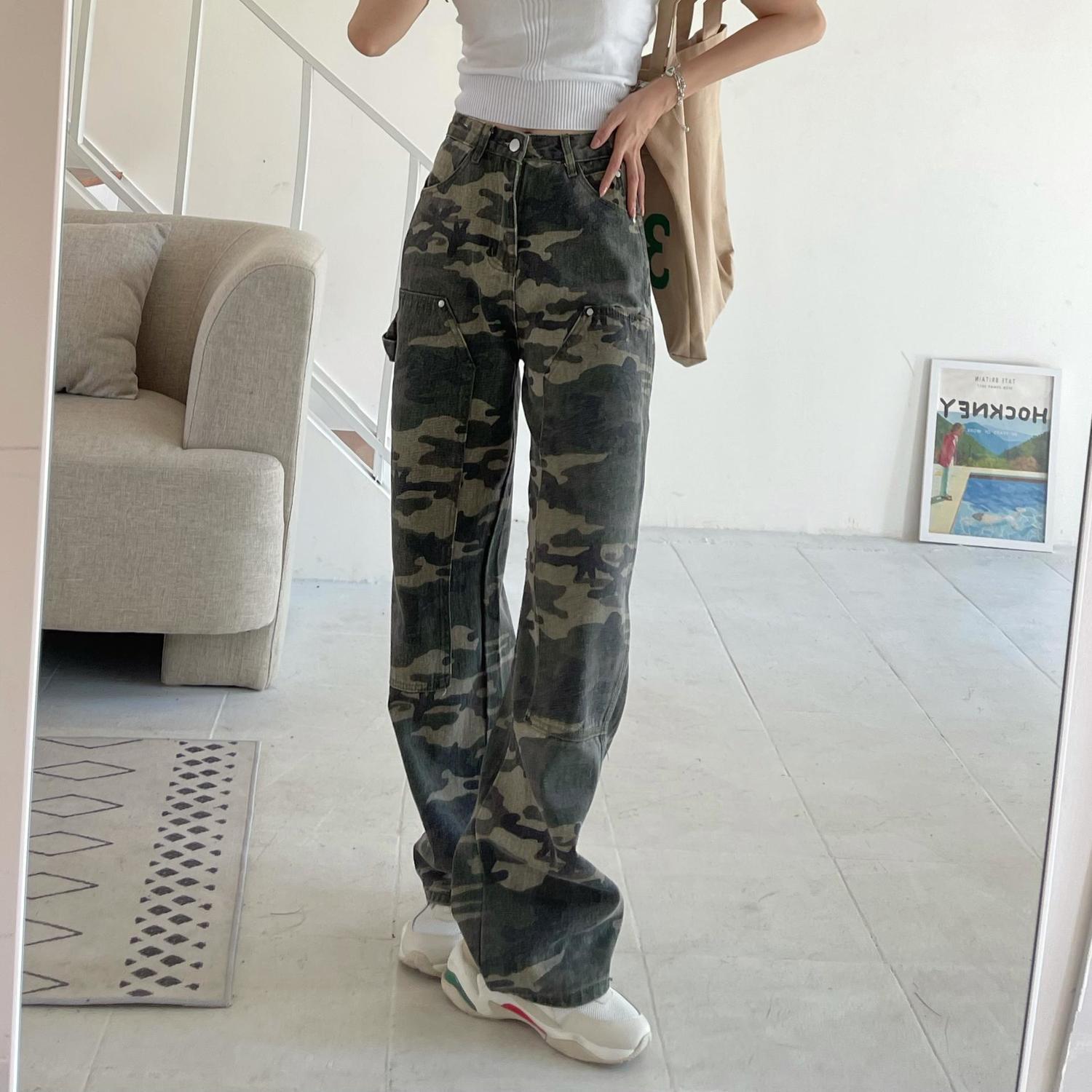 Hong Kong Style Workwear Army Green High Waist Loose and Slimming Wide Leg Jeans Women's Spring Hot Girl Camouflage Straight Long Pants