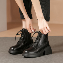 英伦风厚底小短靴女秋季2023新款网红小个子瘦瘦靴高跟黑色马丁靴